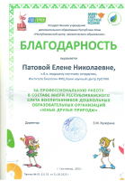 Благодарность Республиканского центра экологического образования Патовой Елене Николаевне за профессиональную работу в составе жюри Республиканского слета воспитанников дошкольных образовательных организаций 