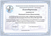 Благодарность Елене Николаевне Патовой от Лицея народной дипломатии г. Сыктывкара за руководство научно-исследовательскими работами по экологии
