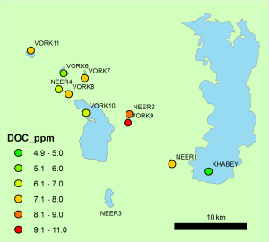 Lake water dissolved organic carbon (DOC) measured in lakes visited in August 2014. DOC is a useful measure of carbon dynamics between catchments, soils and lake water.